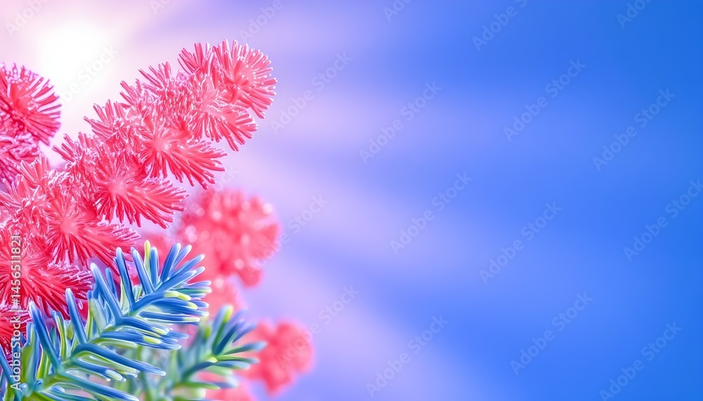 Fototapeta premium Vibrant pink flowers against a bright blue backdrop, sunlit