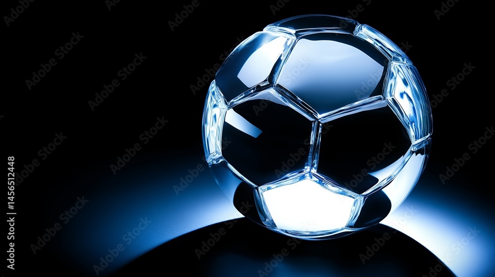 Naklejka premium Crystal soccer ball on a dark blue background with the bright light on the edges. 2