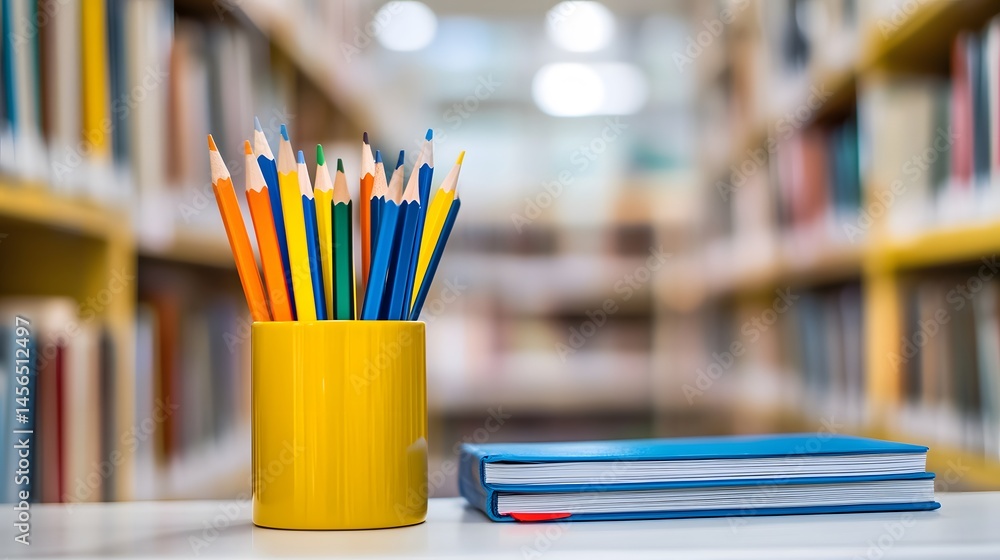 Colorful pencils in a yellow container, beside books, in a library setting. Colorful pencils in a yellow container, beside books, in a library setting.