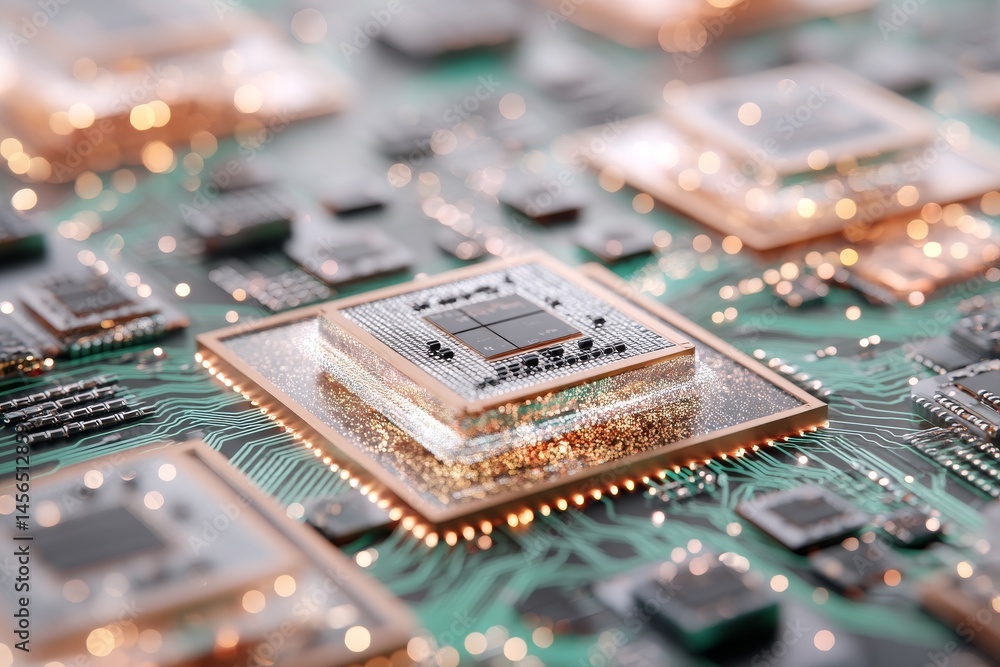Obraz premium A green circuit board symbolizing technological advancements in chips, including GPU and CPU, ideal for highlighting trends such as AI, IoT, Big Data, and semiconductors, captured in a high-quality