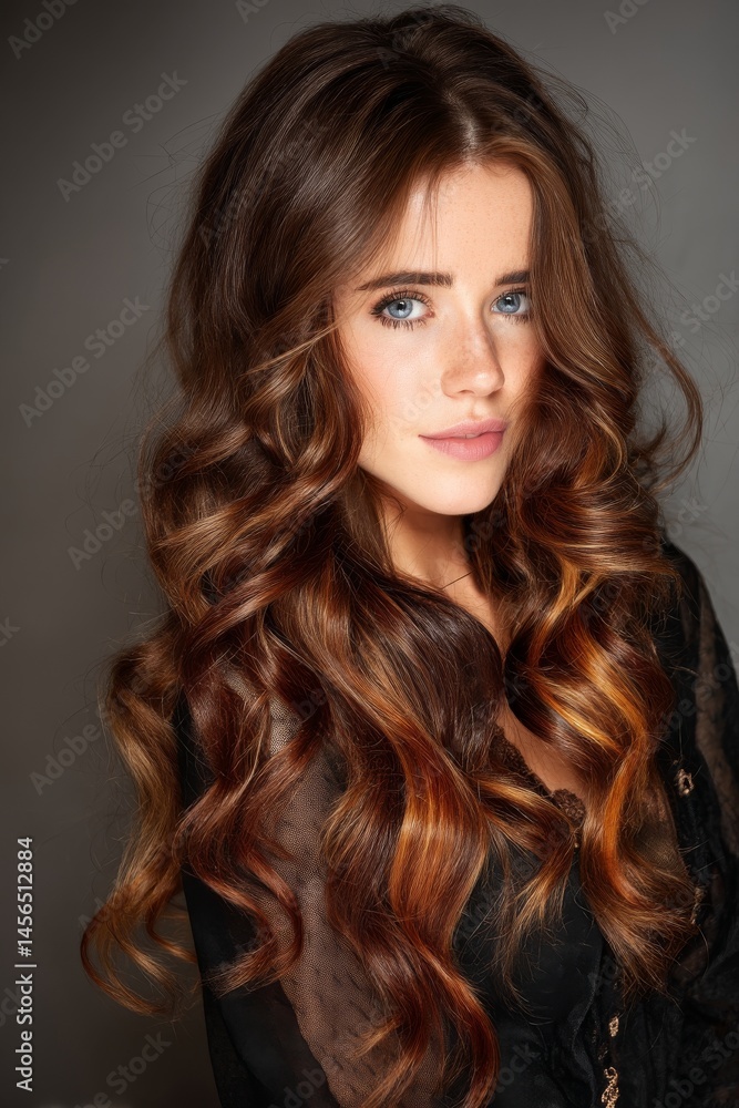 Naklejka premium A young woman with long, flowing hair is savoring a tranquil indoor moment