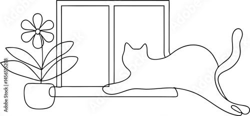 Continuous one line drawing of a cat stretching lazily on a windowsill with a flower pot, minimal and modern style on white background

