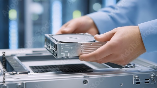 In a modern data center setting, a close-up shot focuses on an IT specialist who is tasked with installing new hardware for server racks, running diagnostic checks, and updating existing hardware