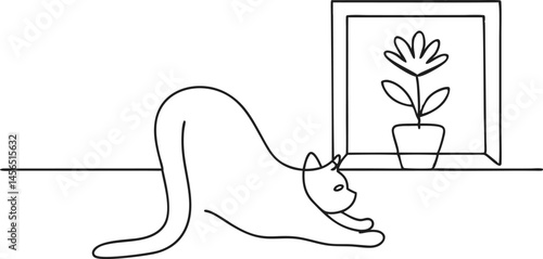 Continuous one line drawing of a cat stretching lazily on a windowsill with a flower pot, minimal and modern style on white background

