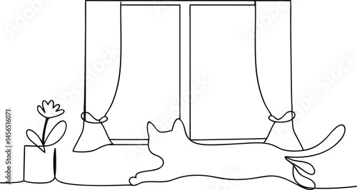 Continuous one line drawing of a cat stretching lazily on a windowsill with a flower pot, minimal and modern style on white background

