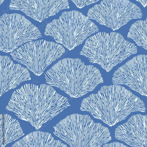 Vintage Style Elegant Floral Art Deco Seamless Fan vector Pattern in Blue Color - Texture Featuring Shells and Marine Elements