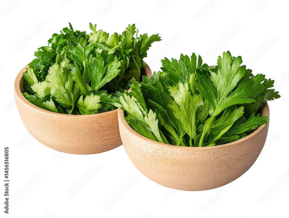 Fresh herbs in wooden bowls for healthy cooking or garnishing, cut out Fresh herbs in wooden bowls for healthy cooking or garnishing, cut out