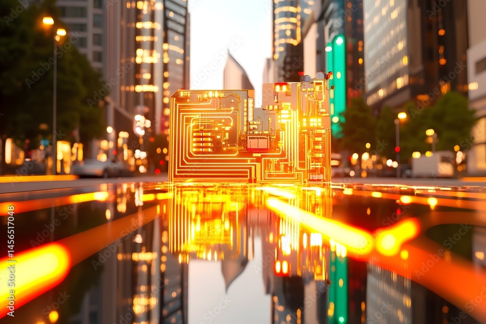 Obraz premium A glowing circuit board rests on a city street, reflecting in a puddle, illuminated by orange lines