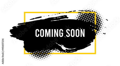 Coming soon. Paint brush stroke in box frame. Promotion banner sign. New product release symbol. Paint brush ink splash banner. Coming soon badge shape. Grunge black watercolor banner. Vector EPS