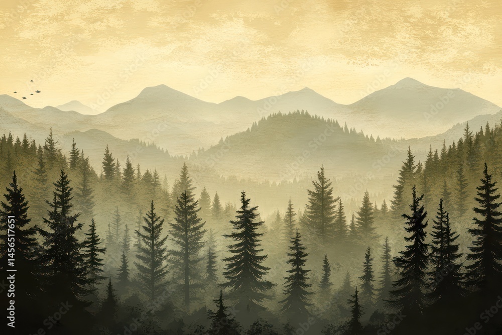 Fototapeta premium Misty Fir Forest in Vintage Retro Style