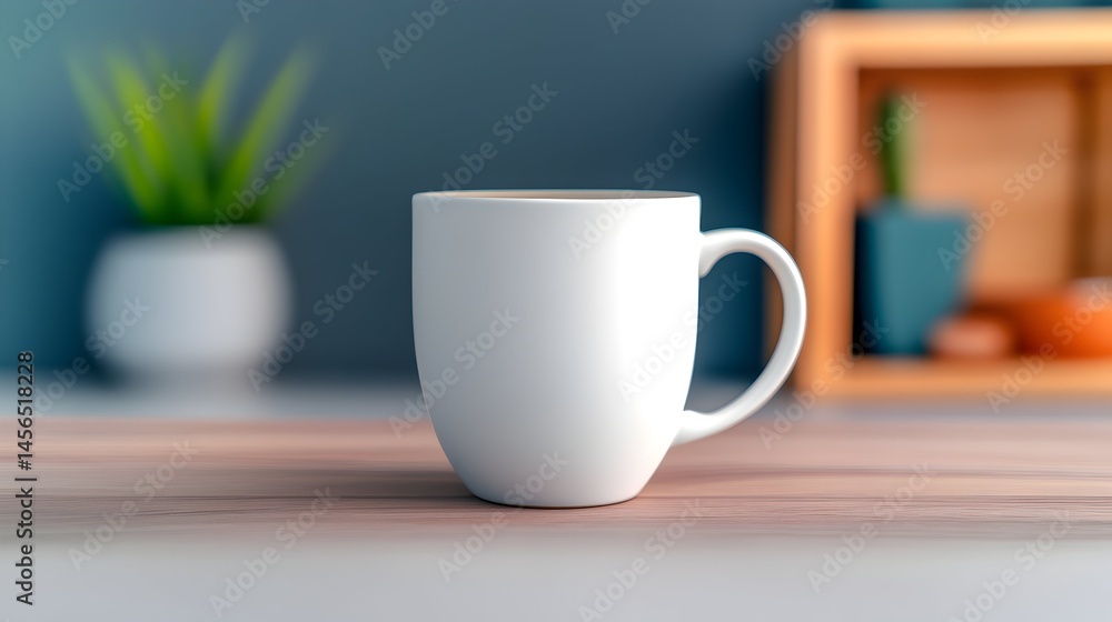 A plain white mug sits on a wooden surface against a blurred background of plants and shelves A plain white mug sits on a wooden surface against a blurred background of plants and shelves