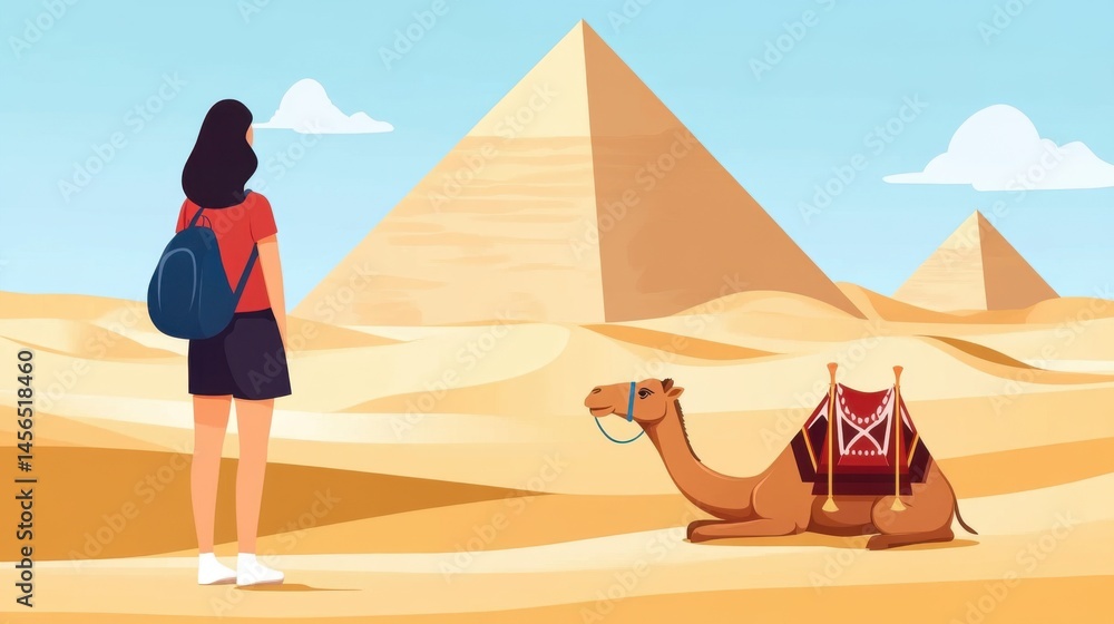 Obraz premium Adventurer in the Egyptian desert admiring the pyramids with a majestic camel