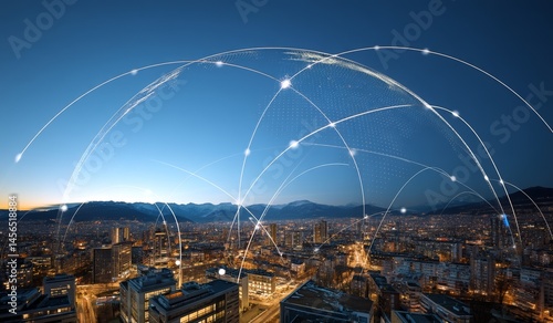 In the heart of a modern city, the concept of wireless network connections and advanced connection technology comes alive, especially when viewed against the vibrant nighttime cityscape