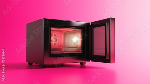 Stylish Open Microwave with Reflections on Pink Background - A contemporary microwave oven with an open door, positioned on a seamless pink studio background. 