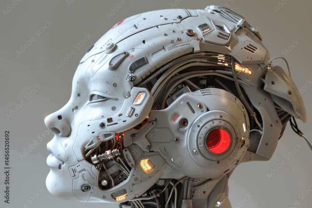 detailed 3D render of a robotic head, showcasing intricate mechanical components and glowing lights detailed 3D render of a robotic head, showcasing intricate mechanical components and glowing lights