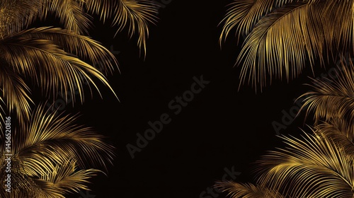 Golden palm leaves frame on black background