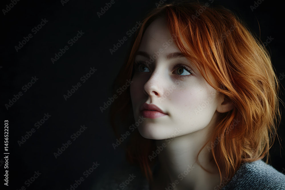 Portrait of Woman with Red Hair Wearing Gray Sweater on Dark Background – Moody Minimalist Style- black background Portrait of Woman with Red Hair Wearing Gray Sweater on Dark Background – Moody Minimalist Style- black background