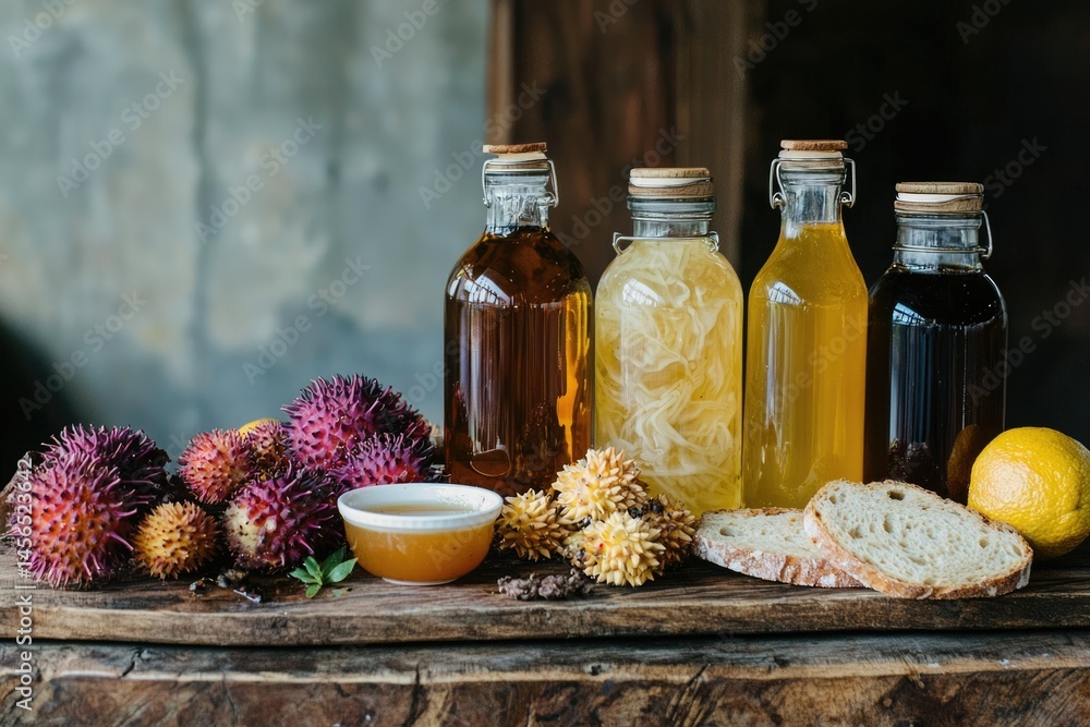 Four bottles of different colored liquids sit on a wooden table with rambutan fruit, bread, and a lemon. Four bottles of different colored liquids sit on a wooden table with rambutan fruit, bread, and a lemon.