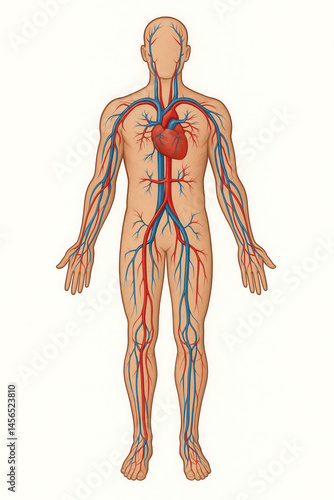Human circulatory system diagram 3D illustration showing arteries, veins, and heart in full body front view