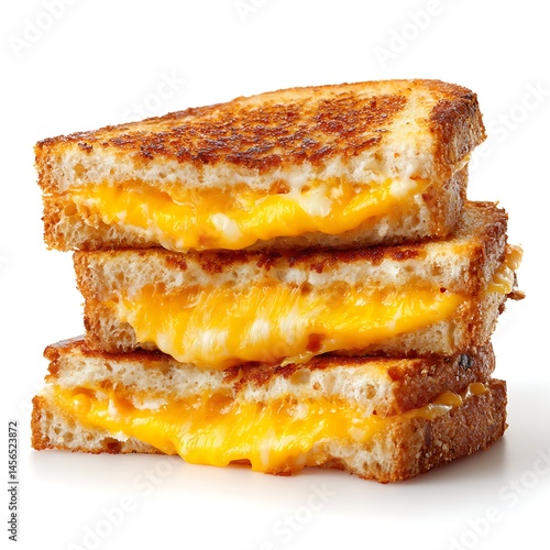 A stack of three grilled cheese sandwiches with melted cheese on a white background surface view