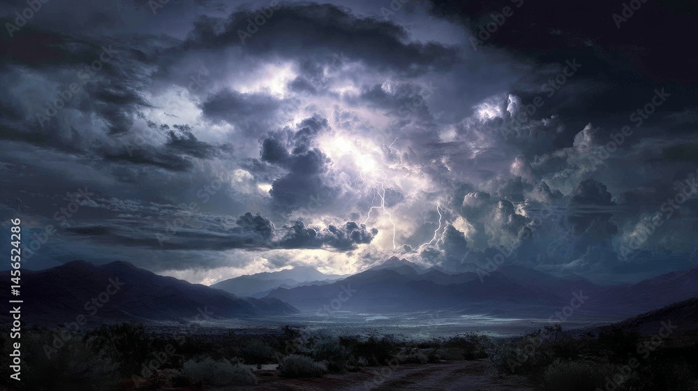 Fototapeta premium Vivid crimson storm clouds electrified with vibrant lightning streaks loom over a vast open plain, evoking surreal turmoil