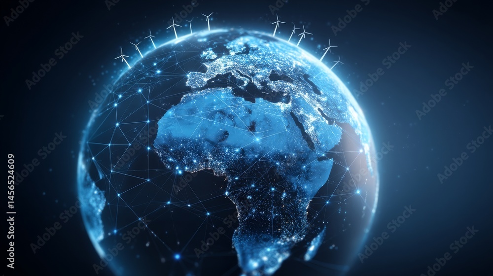 Obraz premium A sustainable future is represented by a glowing holographic globe, which is encompassed by solar panels and wind turbines, all symbolizing renewable energy