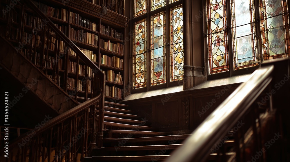 Obraz premium Interior view of a library with staircase and large stained glass windows.