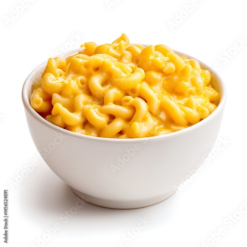 A bowl of creamy macaroni and cheese on a white background in a studio shot with bright lighting