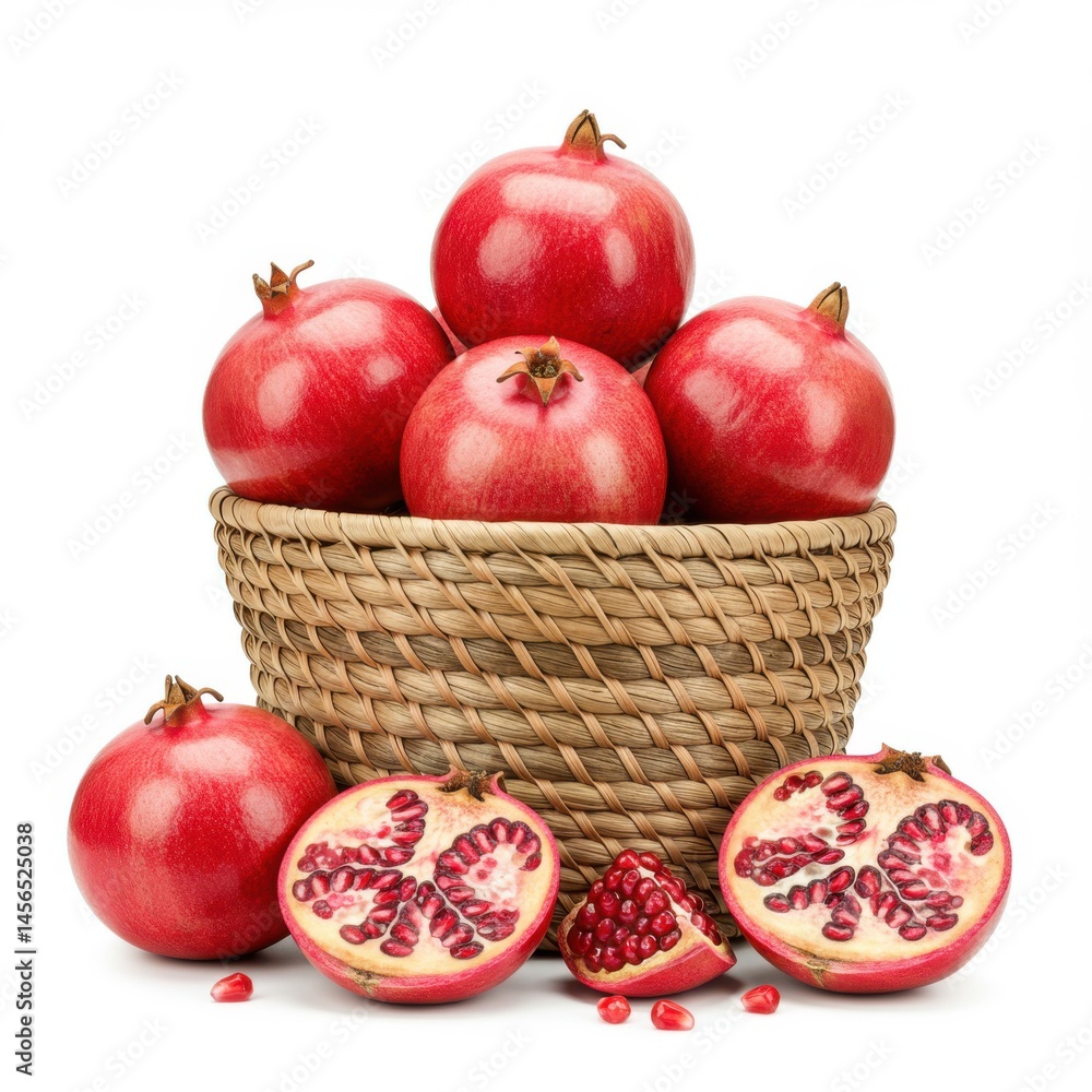 Pomegranates in a woven basket with whole and halved fruits on a white background studio shot view Pomegranates in a woven basket with whole and halved fruits on a white background studio shot view