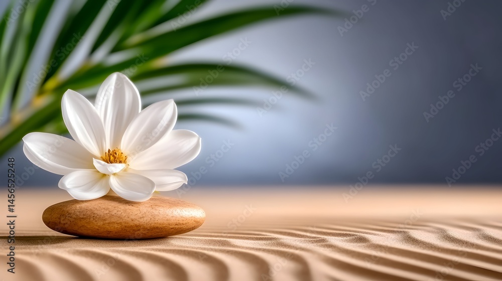Fototapeta premium Serene scene of a white flower resting on a smooth, light brown stone, set against a backdrop of patterned sand and a lush green palm leaf