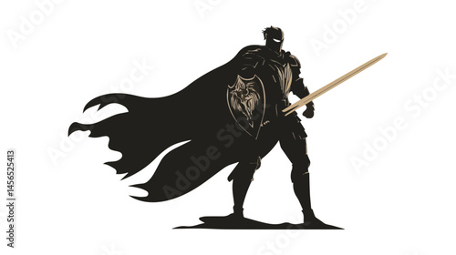 Mysterious warrior in armor holding sword with flowing cape, standing in defiance against a dark background illustrating strength and valor