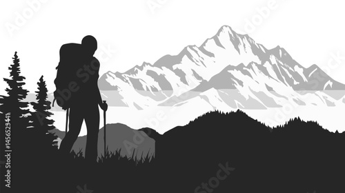 Majestic Mountain Landscape with a Silhouetted Hiker Standing on a Ridge and Gazing at Snow-Capped Peaks under a Clear Sky