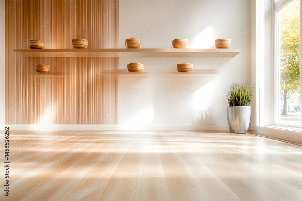 Fototapeta premium Sunlit minimalist room with wooden shelves, bowls, and plant