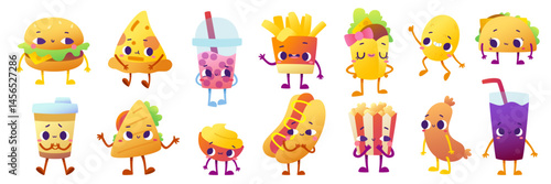 Retro cartoon fast food characters set. Cute vector street food collection. Fast food bundle.