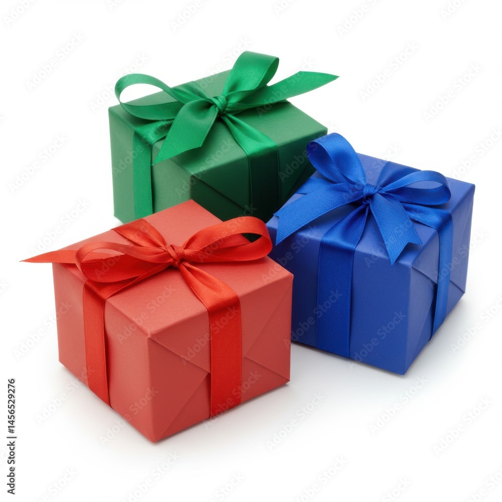 Three colorfully wrapped gift boxes with ribbons on a white background in a studio setting view from above Three colorfully wrapped gift boxes with ribbons on a white background in a studio setting view from above