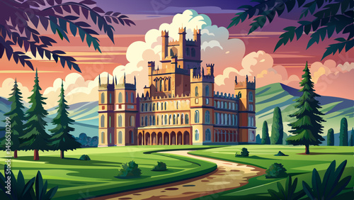 Highclere Castle, the iconic setting of Downton Abbey, carries its grandeur and elegance against an atmospheric sky, with lush green lawns leading up to