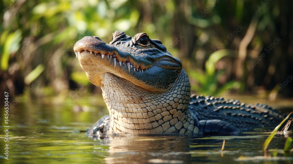 Obraz premium American Alligator basking in the marshland sunlit river habitat