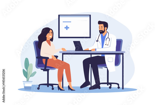 Patient receives medical examination from physician doctor. Consultation with diagnosis and treatment, professional healthcare. Vector illustration