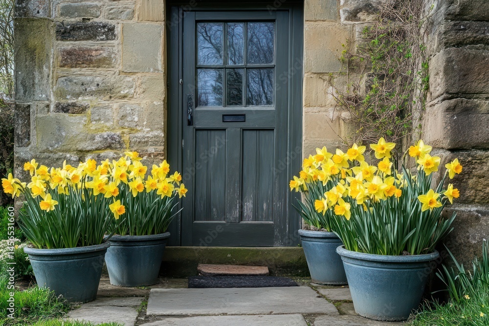 Bright yellow daffodils in pots by entrance Bright yellow daffodils in pots by entrance