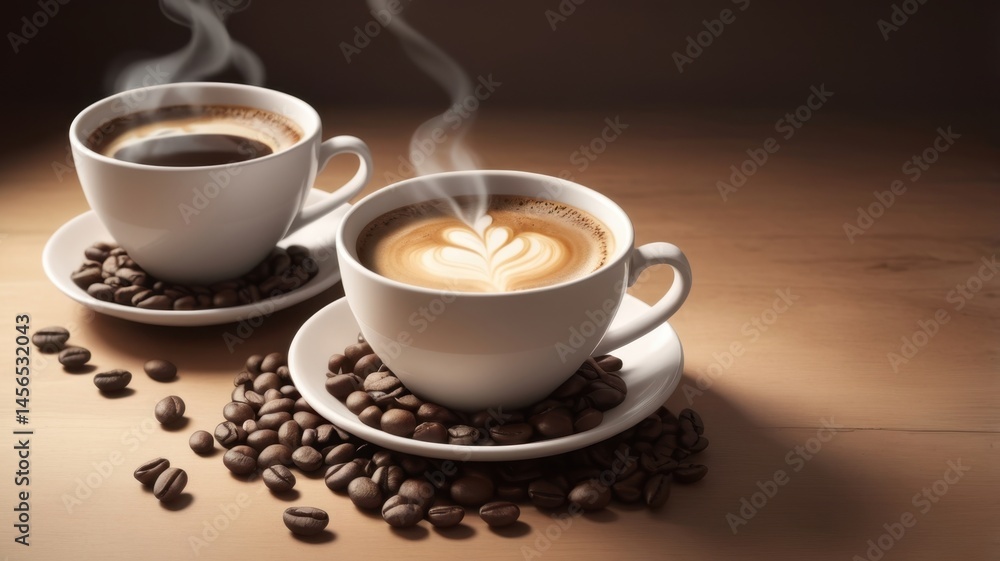 Obraz premium Hot Espresso with Swirl Art Surrounded by Coffee Beans – Realistic Beverage Concept