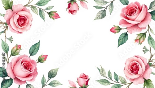 Delicate watercolor roses & leaves, repeating floral design, seamless pattern, background