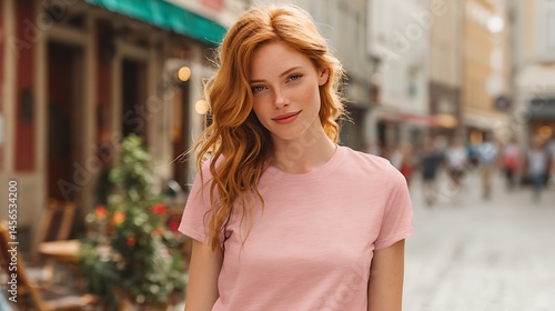 Woman wearing t-shirt on street, looking at camera
