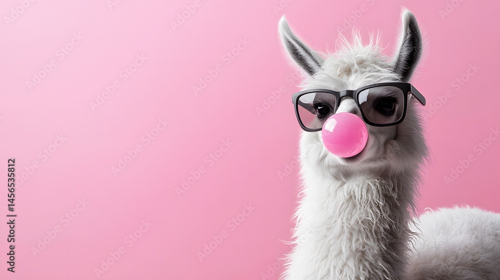 Obraz premium Playful llama with pink bubble gum and sunglasses.