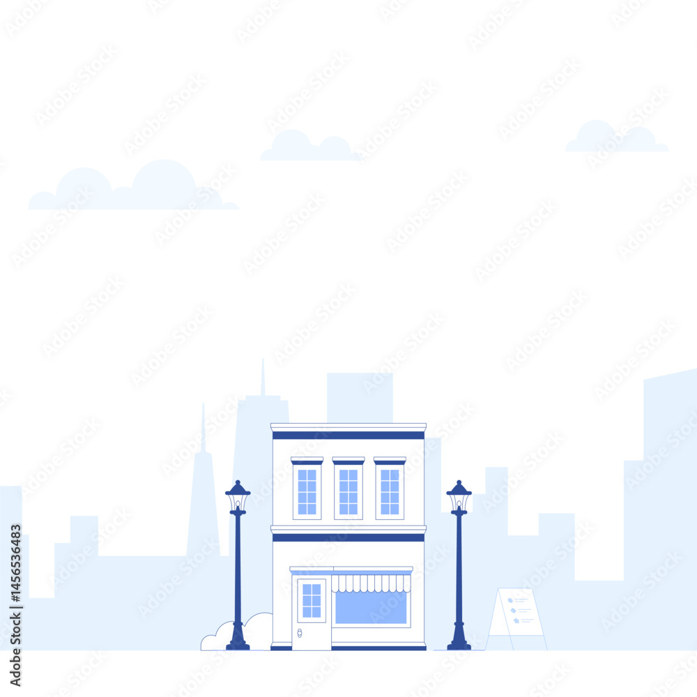 Obraz premium Suburb city street with apartments houses and shop buildings horizontal background. City view with house facades. Abstract architecture modern cityscape panorama. Vector illustration in flat style