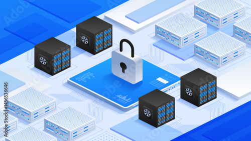 Online security, secure servers and padlock icon. Data protection, it emphasizes safeguarding digital information and maintaining privacy. Ideal for content on IT security and cyber defense