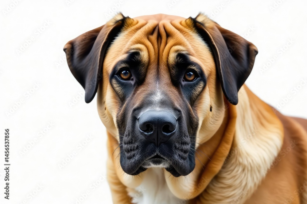 Noble Mastiff head shot, intense gaze, pure white backdrop, isolated, animal photography Noble Mastiff head shot, intense gaze, pure white backdrop, isolated, animal photography