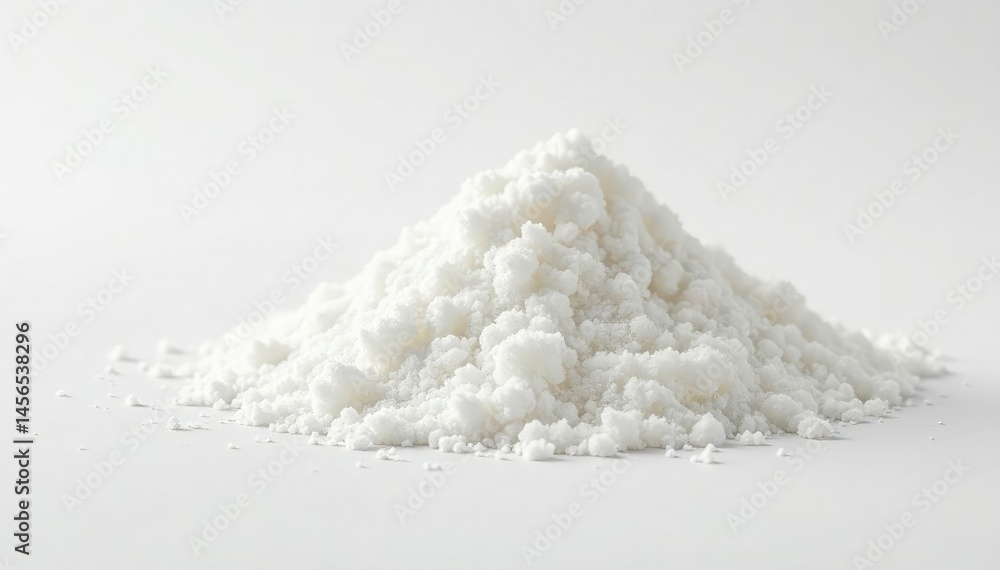 Pile of white granulated sugar on white background, high key, sweetener, refined sugar Pile of white granulated sugar on white background, high key, sweetener, refined sugar