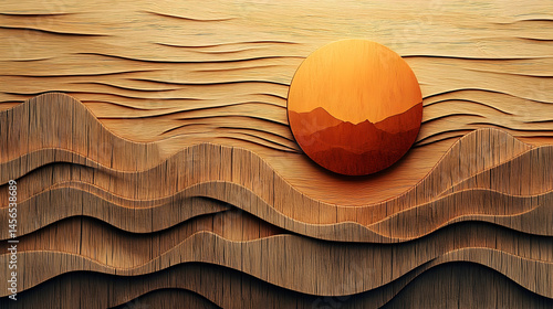 Intricate wooden relief sculpture of a desert sunset.
