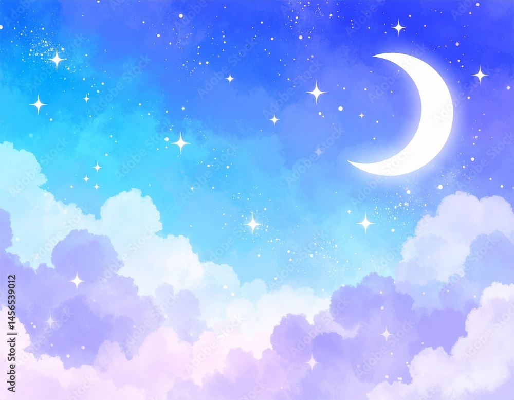 Fototapeta premium 水彩タッチの月 幻想的 夜景