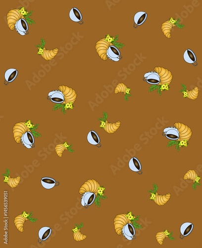 Pattern with cups of coffee, flowers and croissants on brown background